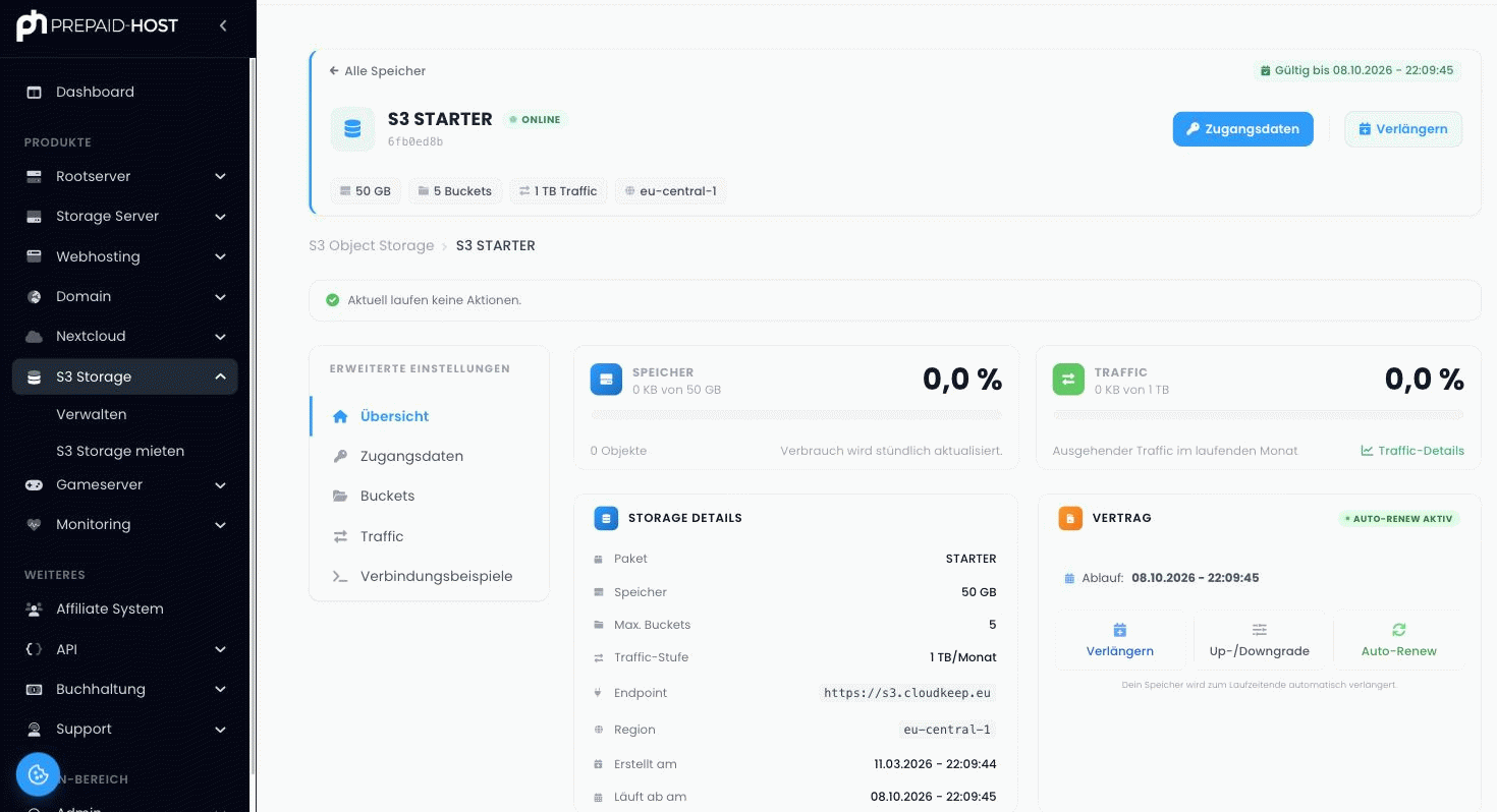 Detail page of an S3 storage in the customer panel showing usage, term and access methods